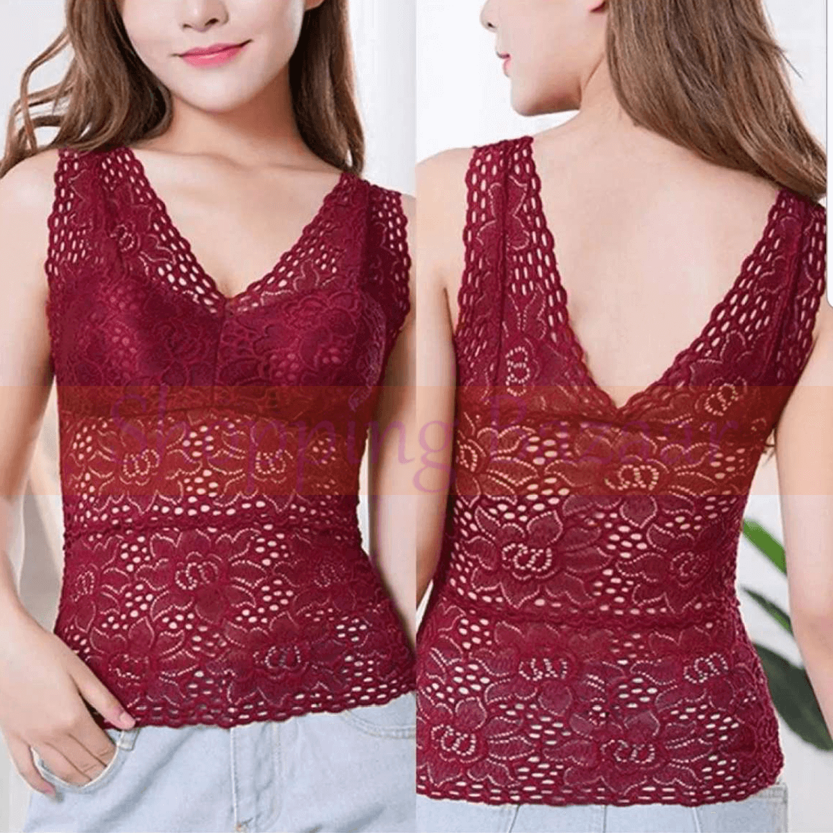 Maroon Lace Top for Women – Stylish Sleeveless V-Neck Party Wear Blouse