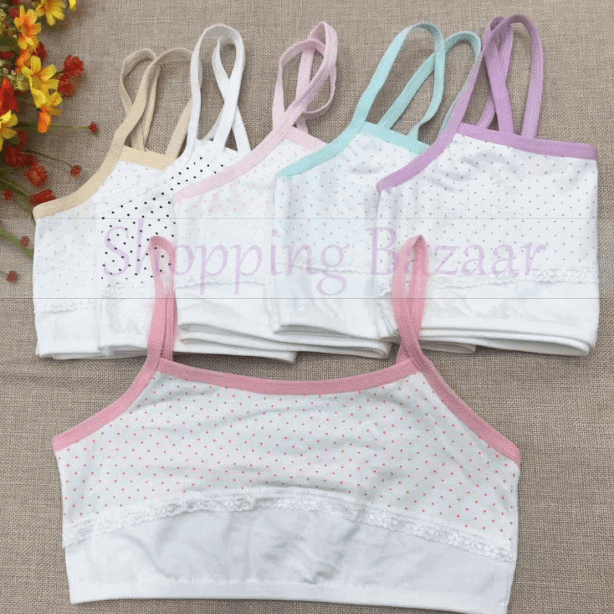 Teenage Girls Training Bra – Cotton Lace Trim, Spaghetti Strap & Polka Dot Beginner Bras