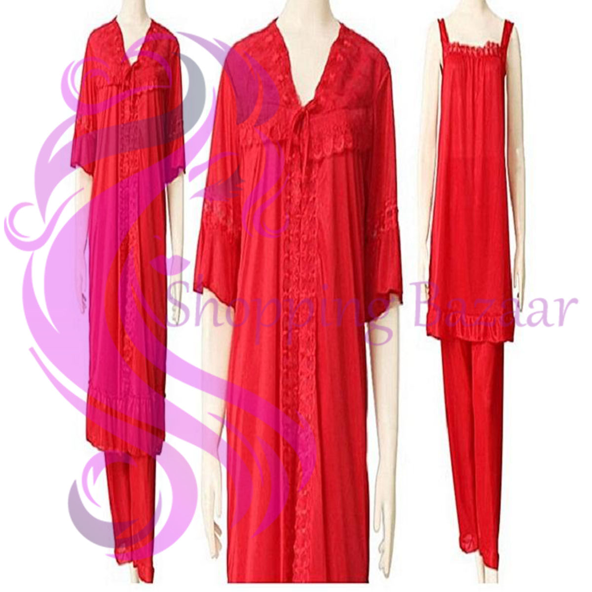 3 Pieces long nighty dress with gown (RED)