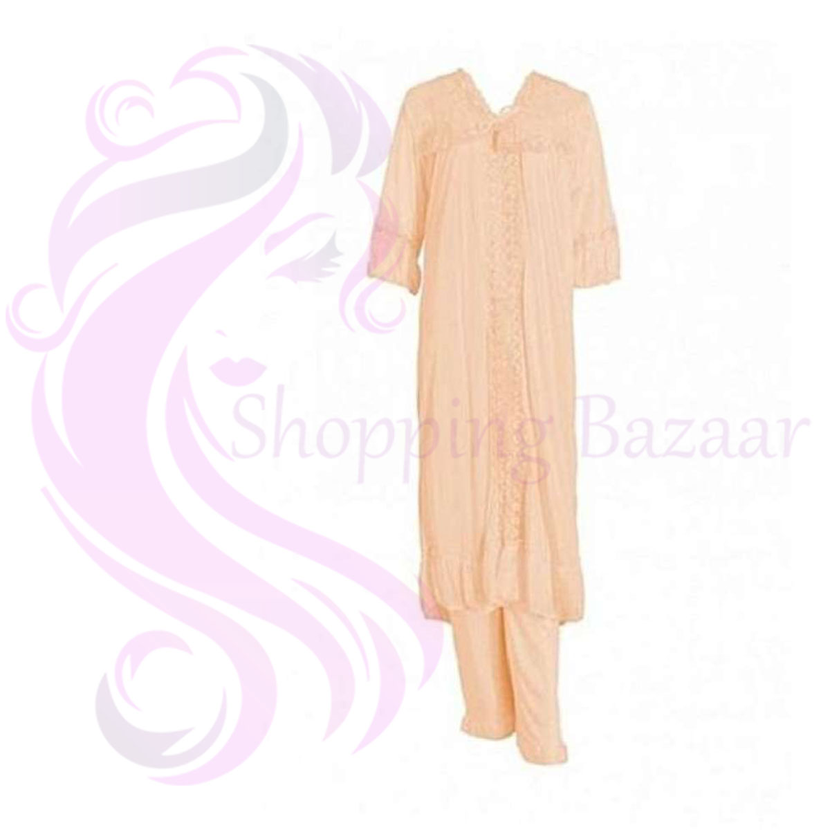 3 Pieces Long kimono Robe Night Gown with Lace